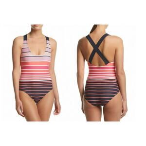 Michael Kors Women's One Piece Swimsuit Cruise Striped Pink Navy 10 NWT
